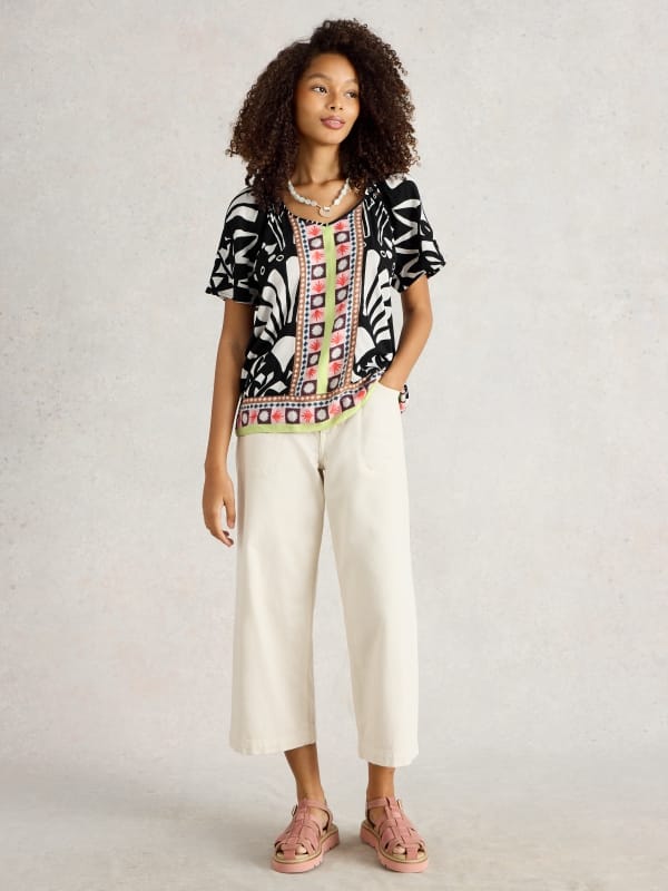 Navy Printed V-Neck Short Sleeve Top — White Stuff