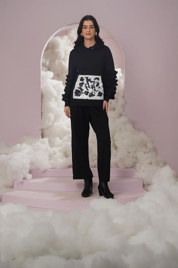 Black Hoodie with Silver Sequin Front Panel — Chöjé