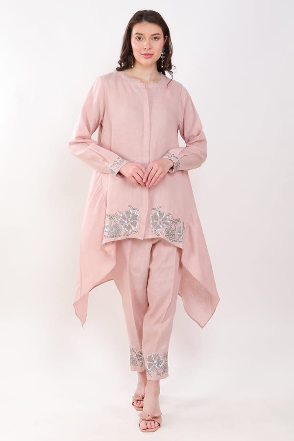 Pink Linen Sequin Embroidery Tunic and Pants Co-ord Set — Linen Bloom