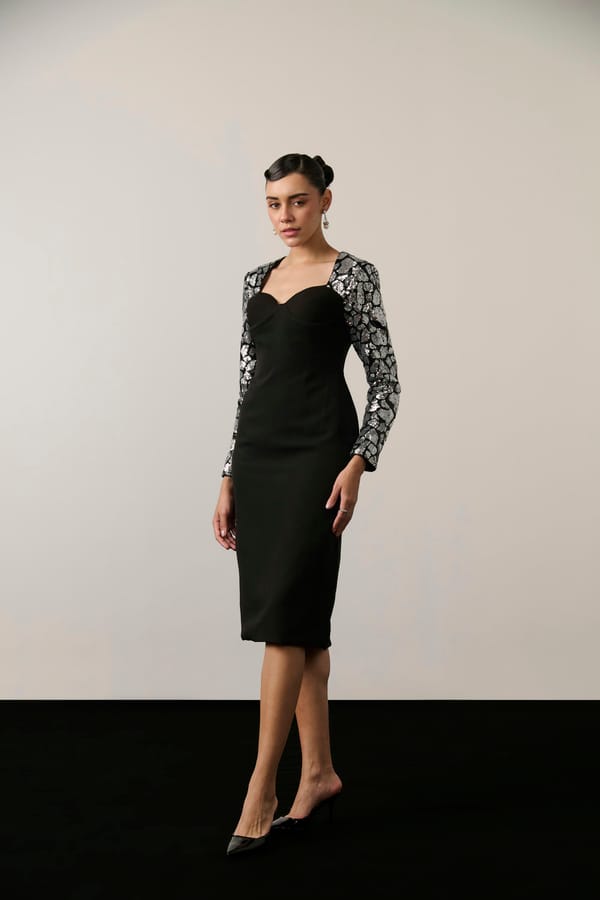 Black/Silver Sequin Sleeve Sweetheart Midi Sheath Dress — Label IRIS