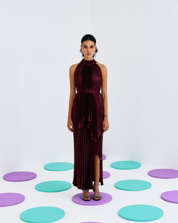 Maroon Pleated Satin Halter Neck Top with Waist Tie — Pleats by Aruni
