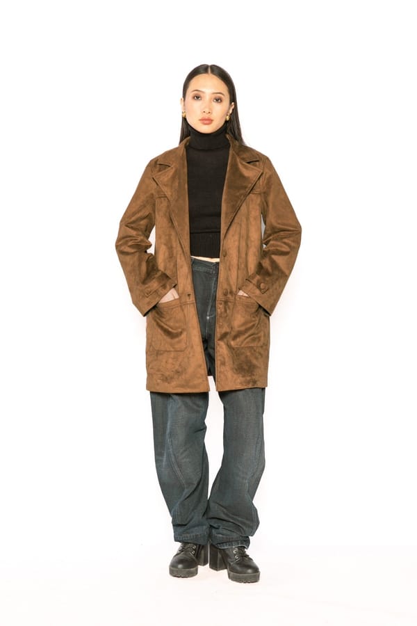 Brown Micro Suede Longline Boxy Blazer with Patch Pockets — Contemponari