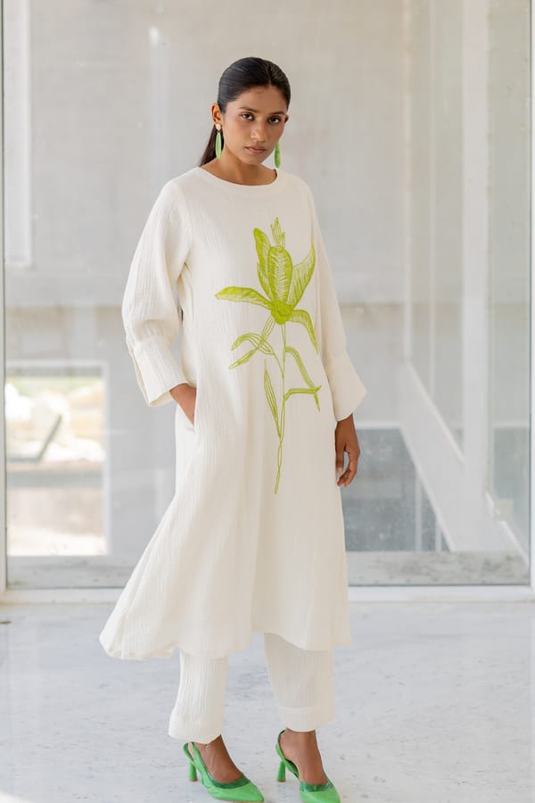 White Cotton Embroidered A-Line Kurta — Silai studio