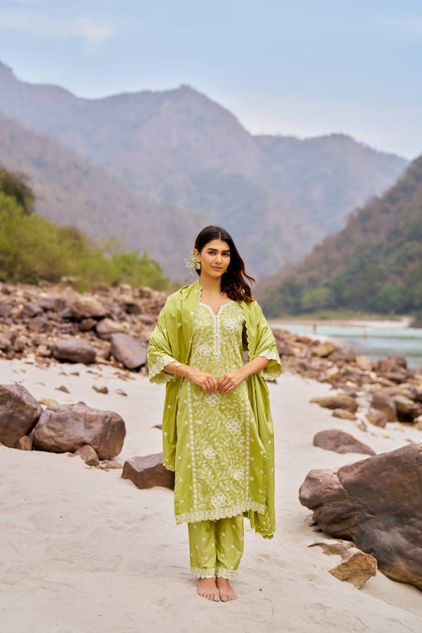Green Cotton Embroidered Straight Kurta Set With Dupatta — NARAYANI VASTRA