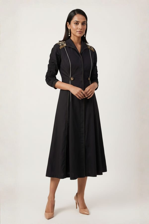 Black Cotton Fit and Flare Button-Down Midi Dress — Our Love