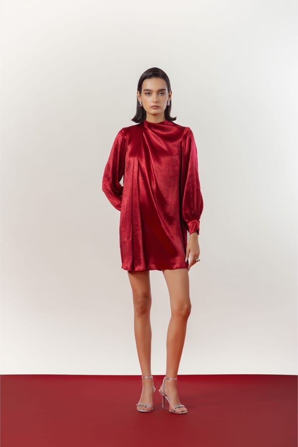 Maroon Satin High-Neck A-Line Mini Dress — Studio MuGu