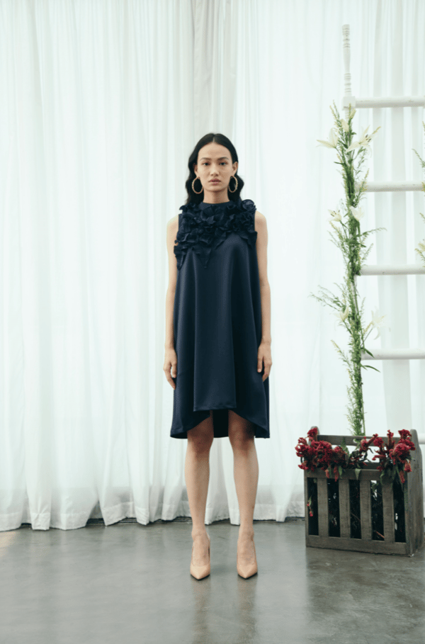 Dark Blue Sleeveless A-Line Mini Dress with Floral Yoke Detail — Pleats by Aruni