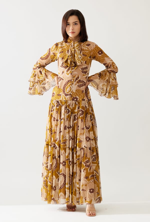 Pink And Mustard Floral Frill Dress — KoAi
