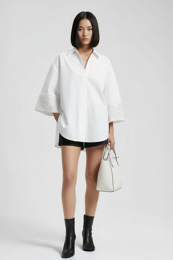 White Relaxed Popover Shirt with Embroidered Cuffs — Genes Lecoanet Hemant