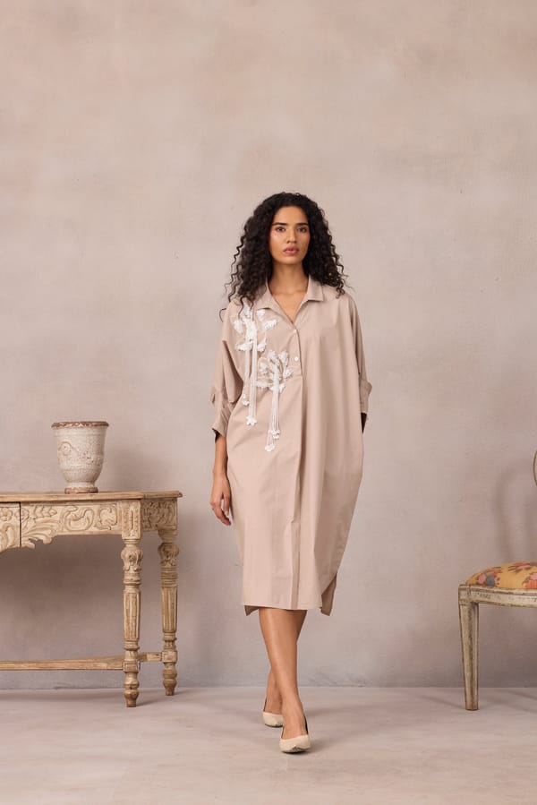Frost Blue Midi Shirt Dress with Lotus Applique — 63East