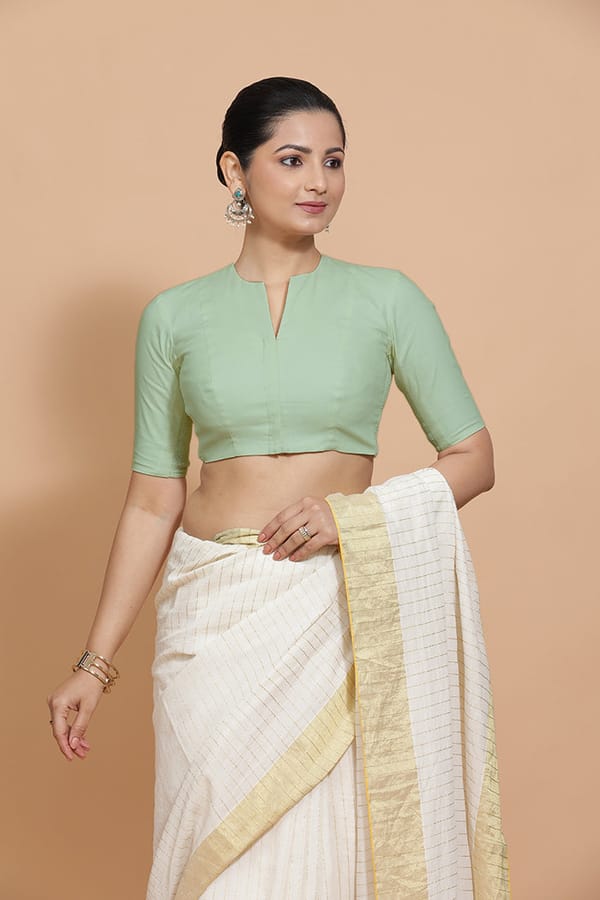 Light Sage Cotton Saree Blouse with Elbow Sleeves — BINKS