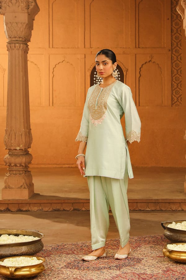 Misty Green Embroidered Straight Kurta Set with Salwar — Sheetal Batra
