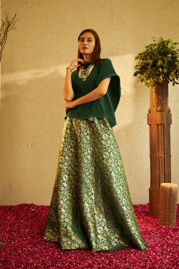 Green Pleated Cape Top and Brocade Ghagra Co-ord Set — TASUVURE