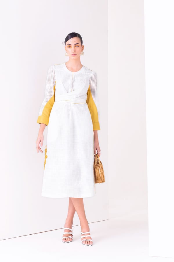 White Fit and Flare Dobby Midi Dress with 3D Flower — Our Love