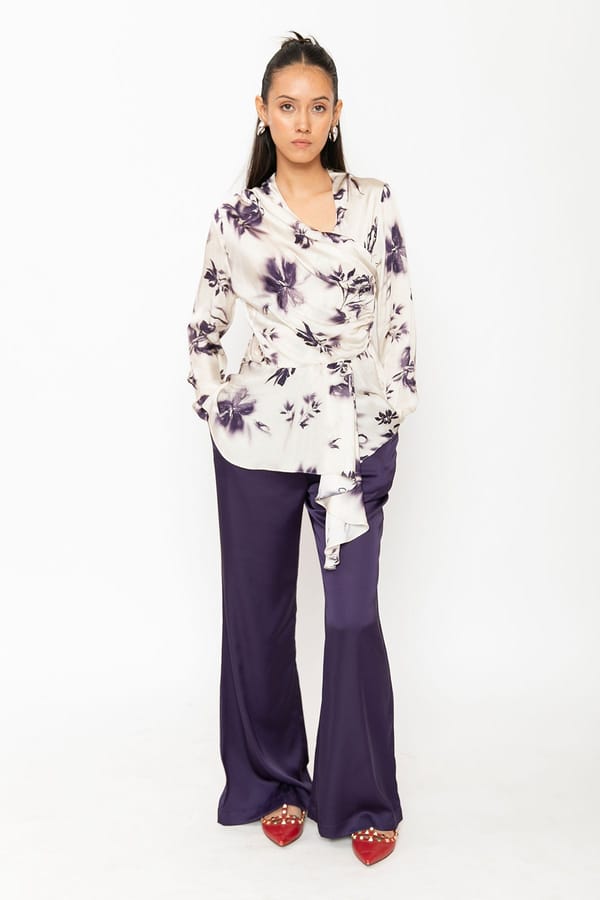 Cream Floral Wrap Peplum Top with Full Sleeves — Contemponari
