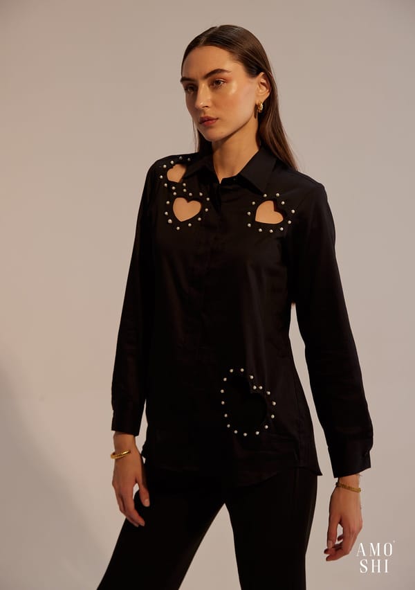 Black Cotton Relaxed-Fit Shirt with Heart Cut-Outs — AMOSHI