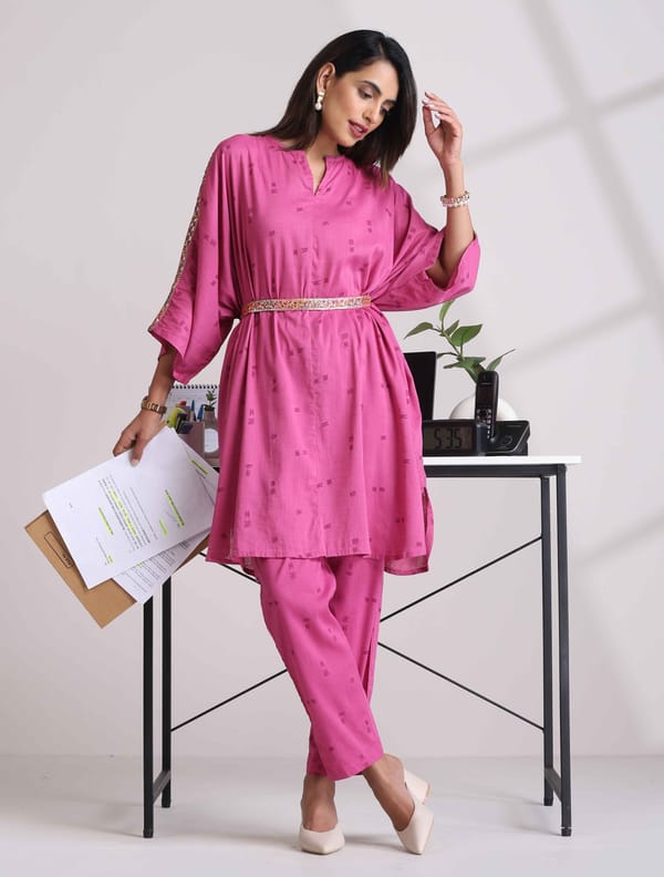 Pink Print Kaftan Kurta Co-ord Set — Truebrowns