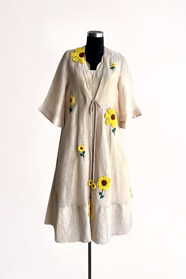Ecru Midi Dress with Cape and Floral Embroidery — Our Love
