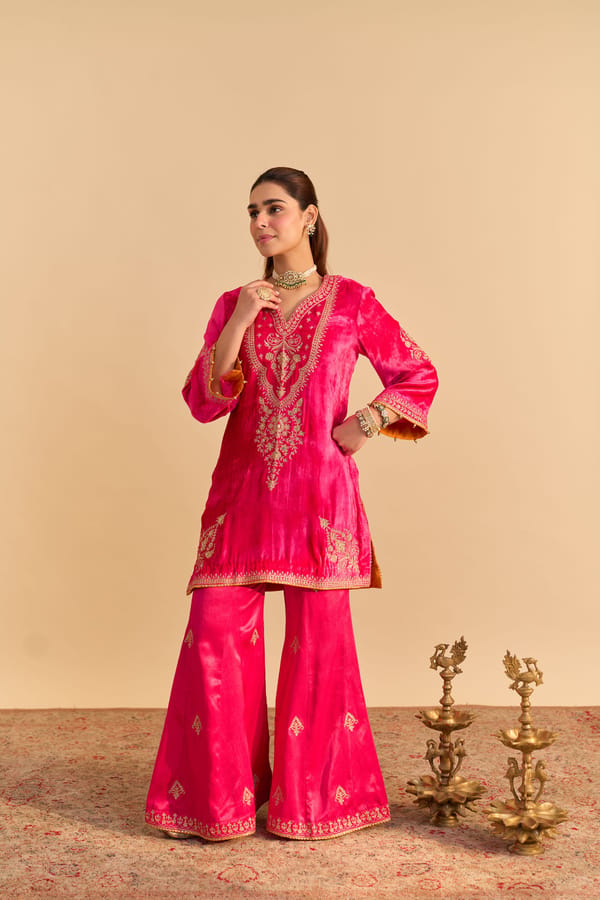 Hotpink Velvet Silk Embroidered Kurta Set with Palazzo — Sheetal Batra