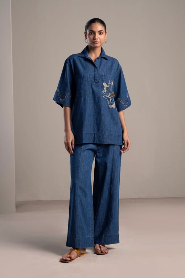 Denim Blue Anti-Fit Shirt and Flared Pants Co-ord Set — Spacelines