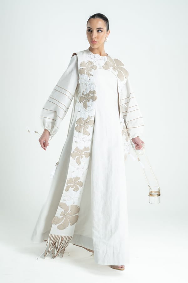 White Linen Maxi Kaftan with Floral Applique Panel — Our Love