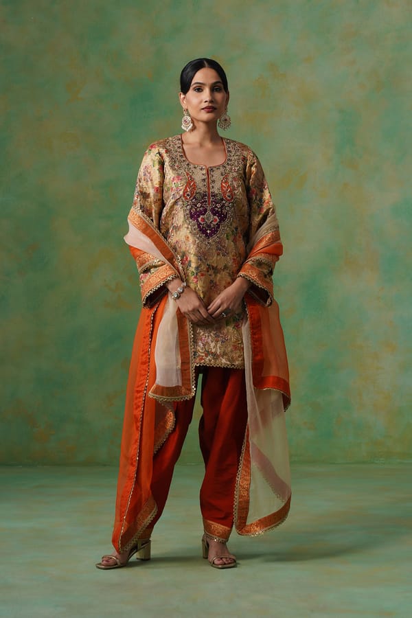 Golden Beige Brocade Embroidered Kurta Suit Set — NEETIKA CHOPRA