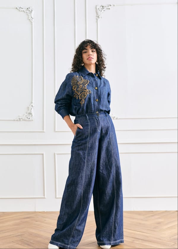 Indigo Wide-Leg Cotton-Linen Denim Trousers — Style Island