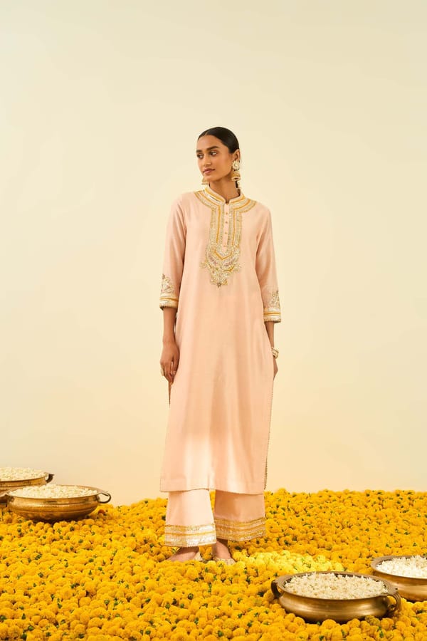 Rose Pink Straight Silk Chanderi Kurta Set with Palazzo — Sheetal Batra