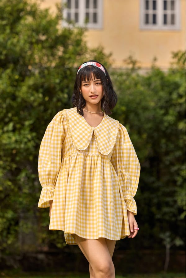Yellow Gingham Smock Mini Dress with Peter Pan Collar — The Clothing Factory