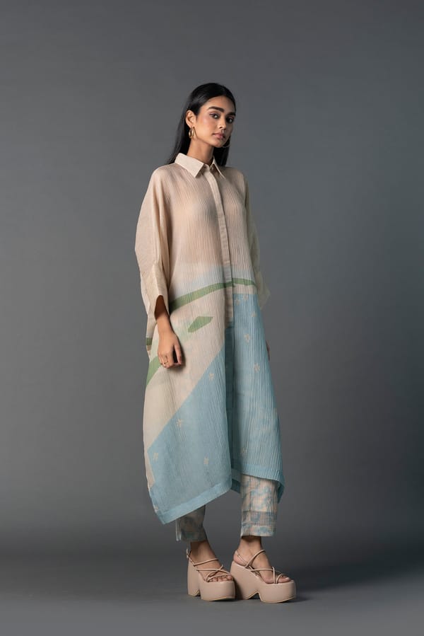 Multicolor Printed A-Line Collared Kurta Set with Pants — CLOS