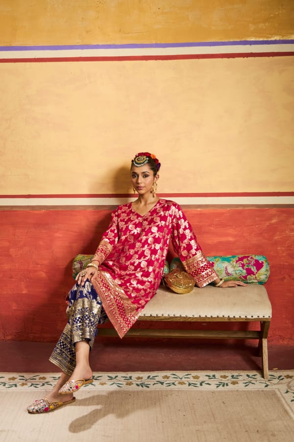Fuchsia Tunic and Purple Brocade Pant Co-ord Set — TASUVURE