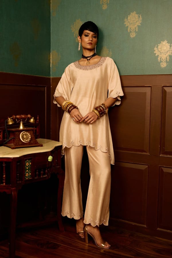 Baby Pink Chanderi Wrap Top and Flared Garara Co-ord Set — Reeti Arneja
