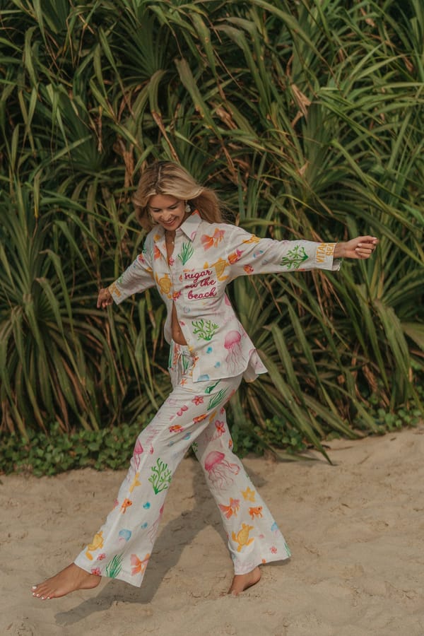 White Printed Linen Bootcut Trousers with Drawstring Waist — Label Sugar