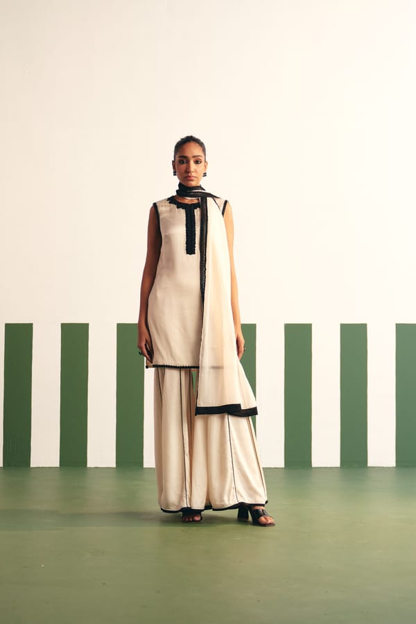 Ivory Kurta Garara Set with Contrast Lace and Dupatta — Reeti Arneja