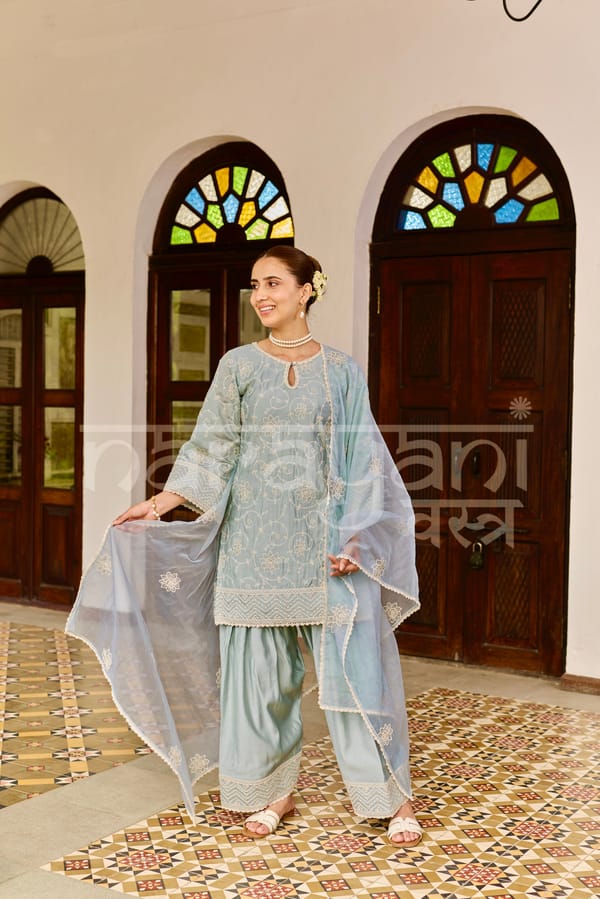 Aab - Ice Blue Chanderi Suit Set — NARAYANI VASTRA