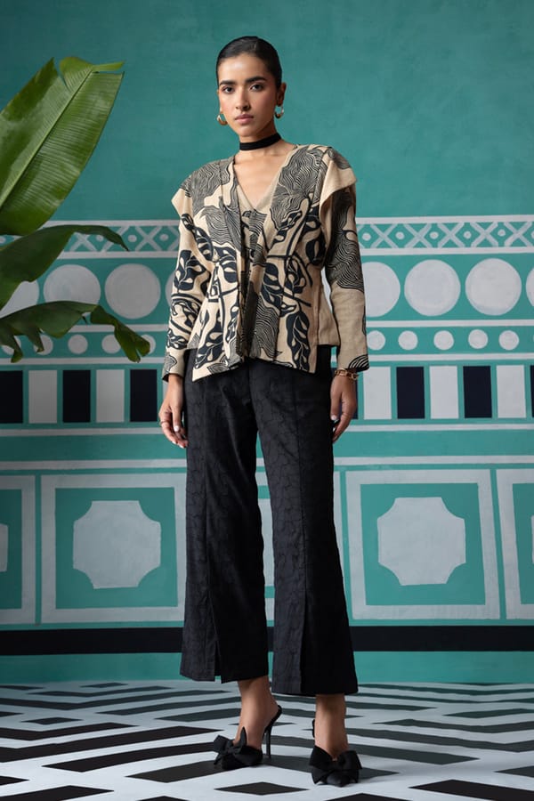 Beige-Black Printed Blouse and Wide-Leg Pant Co-ord Set — BOHO-CHIC