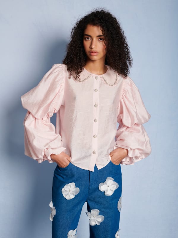 Pink Embellished Collar Puff Sleeve Button-Front Top — SISTER JANE