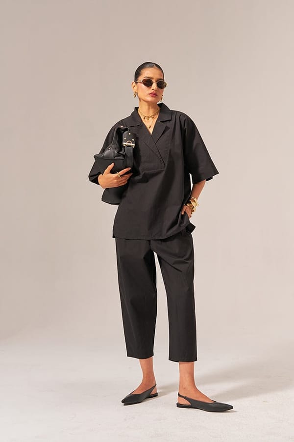 Black Cotton Poplin Shirt and Tapered Pants Co-ord Set — Spacelines