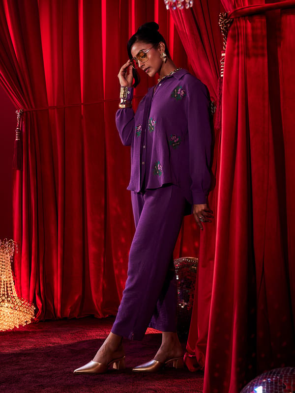 Royal Purple Embroidered Shirt and Pants Co-ord Set — HOUSE OF FETT