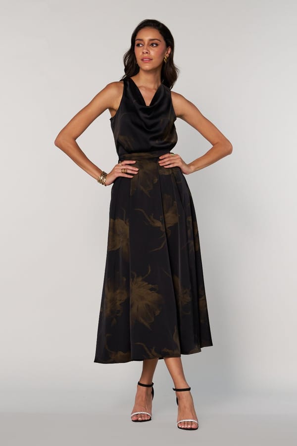 Black Satin Tonal Floral Print A-Line Midi Skirt — Style Island