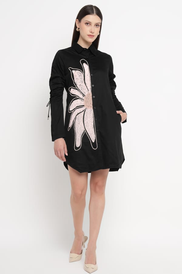 Black Mini Shirt Dress with Embellished Floral Motif — Our Love