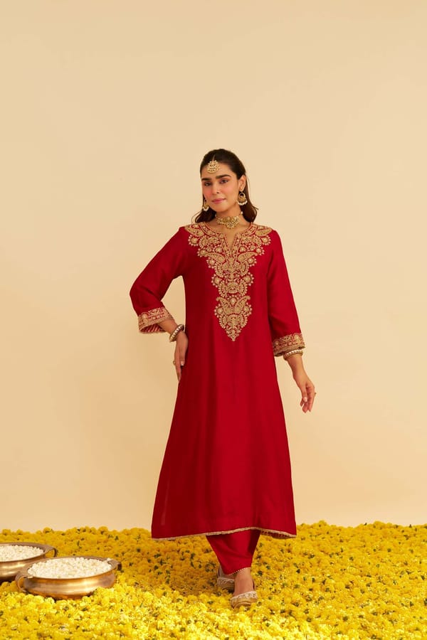 Deep Red Embroidered Long Kurta Set with Salwar — Sheetal Batra