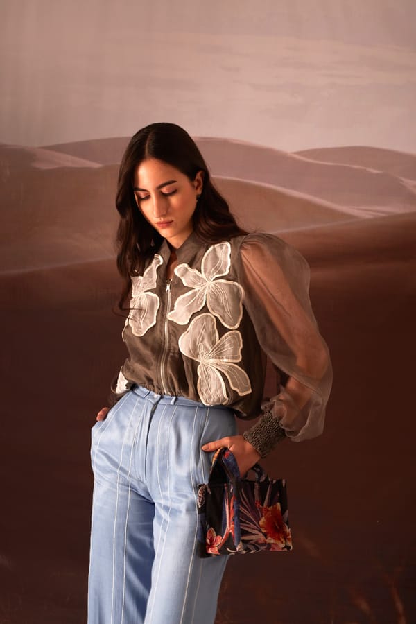Brown Cropped Bomber Shirt with Floral Applique — An'era by Asmita Verma