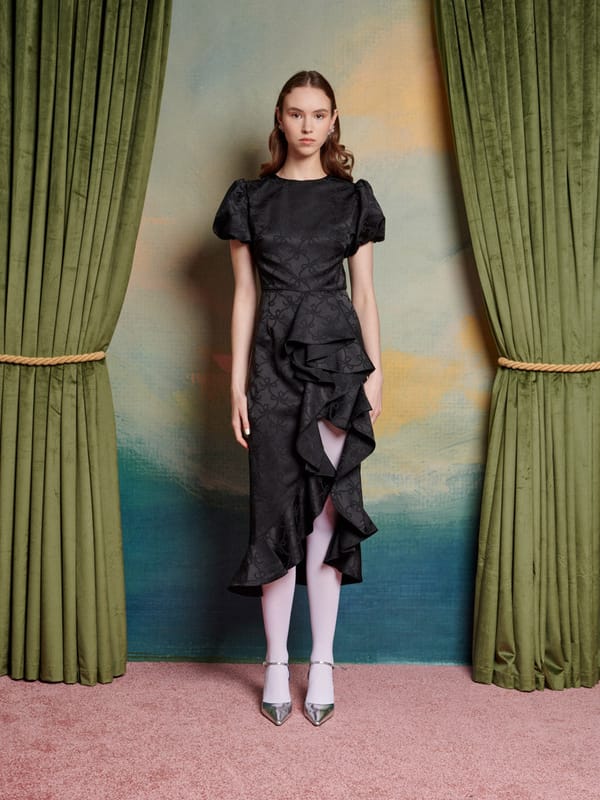 Black Jacquard Midi Dress with Waterfall Ruffle Slit — SISTER JANE