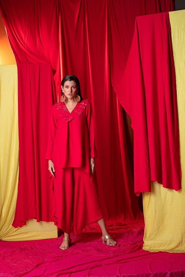 Red Khadi High-Low Shirt and Palazzo Co-ord Set — EnEch
