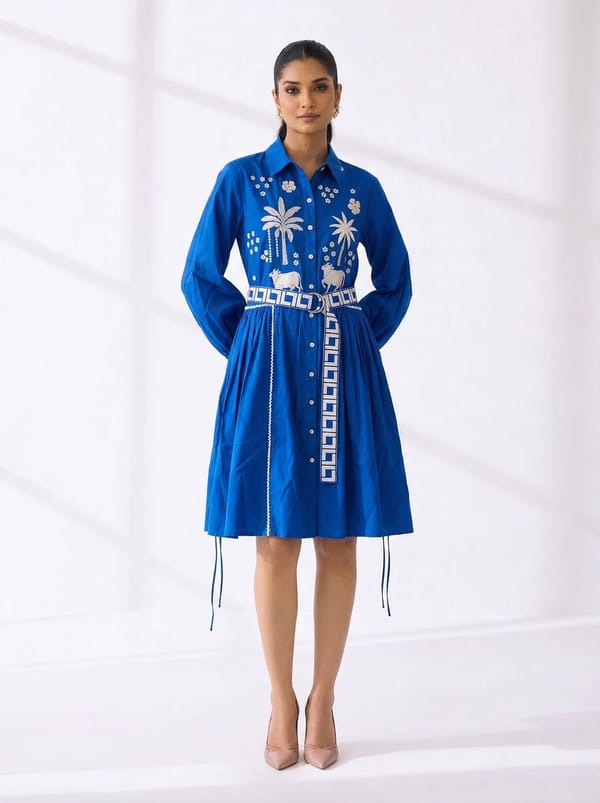 Electric Blue Embroidered Shirt Dress with Belt — RUCHIKA MALLIKA LABEL