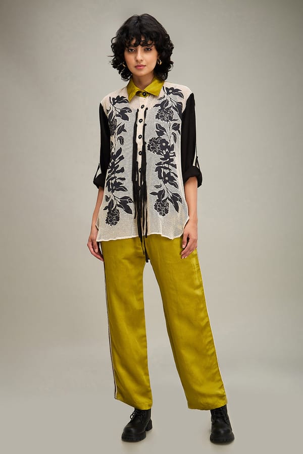 Black Appliqué Shirt and Green Satin Pants Co-ord Set — SOUP by Sougat Paul