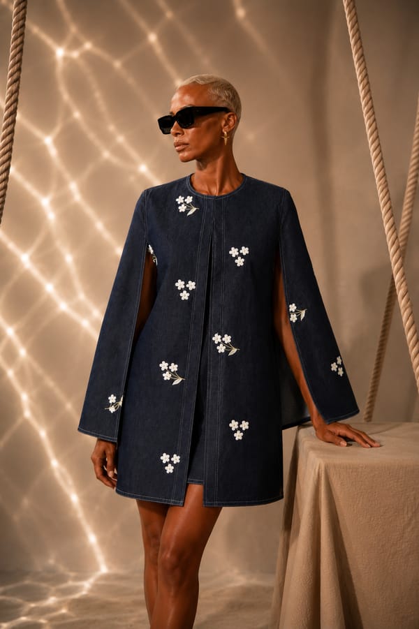 Ribelle Denim Embroidered Cape Dress with Denim — AKSH