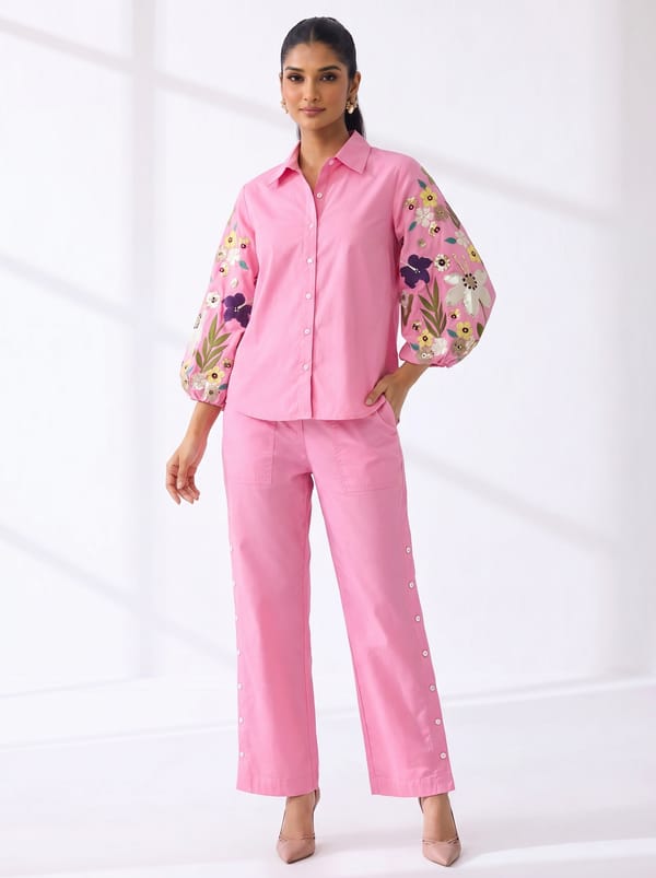 Powder Pink Cotton Shirt and Wide-Leg Pants Co-ord Set — RUCHIKA MALLIKA LABEL