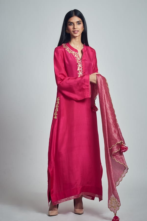 Pink Habutai Silk Straight Kurta with Gota Patti Embroidery — Sheetal Batra
